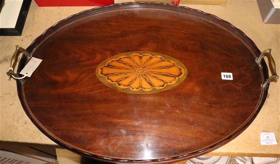 An Edwardian inlaid mahogany oval gallery tray, 28.5in.